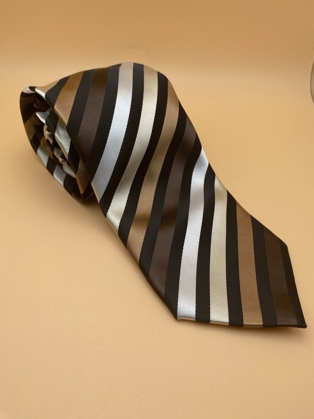 Alexander Julian Colours Necktie Brown Tan Silver Striped Men’s Hand Made Tie